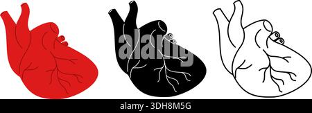 Symbole des menschlichen Herzens. Kardiologie oder Anatomie medizinische Zeichen. Rotes internes Organ mit Aorta. Schwarzes und weißes Herz-Logo. Kardiomedizinische Versorgung. Vektorsatz von Stock Vektor