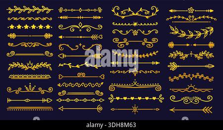 Goldene dekorative Trennwände. Dekorative oder aufblühende lineare Designelemente. Goldene Grenzen. Retro-Lockenverzierung. Luxuriöse Strudel. Klassisches Zertifikat Stock Vektor
