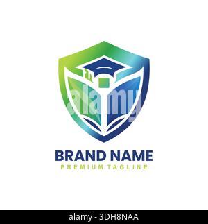 Elegantes Bildungslogo in einem Schildrahmen mit stilisierten Buchseiten und einer Graduierungskappe. Stock Vektor