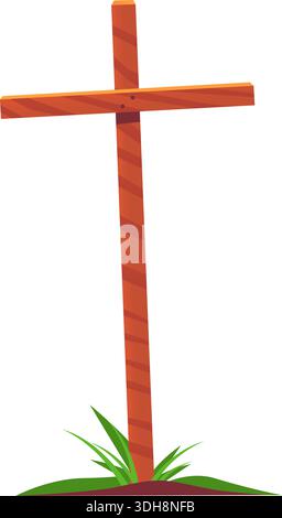 Holzkreuz steht an der Straße, bewachsen mit Gras. Holzstab. Grabstein. Grabdenkmal. Katholischer Grabstein. Christliche Gedenkstätte. Halloween Stock Vektor