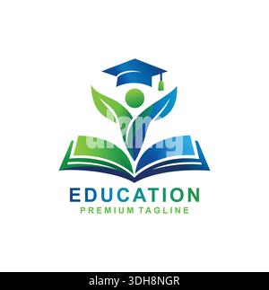 Logo für professionelle Ausbildung mit einer Person, die aus einem offenen Buch mit einer Abschlusskappe oben aufsteigt. Stock Vektor