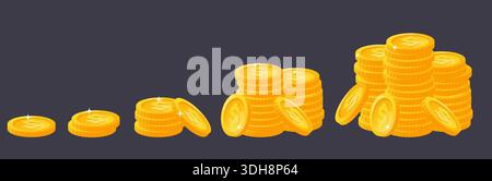 Wachsender Stapel von Goldmünzen. Finanzwachstum bei Investitionen. Goldenes Bargeld. Geld erfolgreich. Sparkaution. Dollar-Währung. Fortschritt bei Vermögenseinkommen. Spaß Stock Vektor