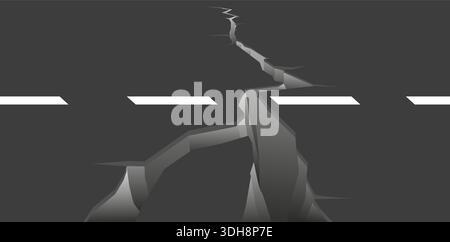 Großer Riss in der Straße. Beschädigte Asphaltoberfläche. Autobahnzerstörung. Erdspalt. Erdbebenfolgen. Fahrbahndurchbruch. 3D ruiniert die Crash-Lücke. massefiss Stock Vektor