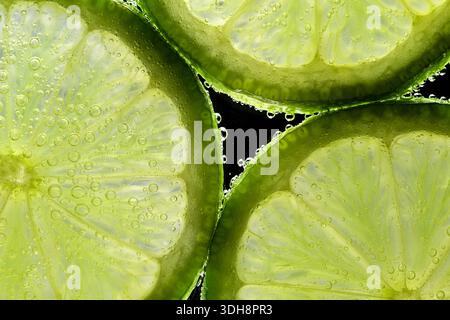 Eine Nahaufnahme eines Kalks mit Wassertropfen darauf. Der Kalk wird halbiert und die Wassertröpfchen befinden sich außen am Kalk Stockfoto