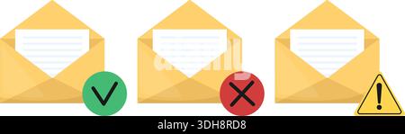 Gelbe offene Umschläge, die mit Häkchen, Kreuz und Ausrufezeichen gekennzeichnet sind. Benachrichtigung per Schreiben. Achtung-Symbol. Zulässige oder abgelehnte Korrespondenz. Stock Vektor