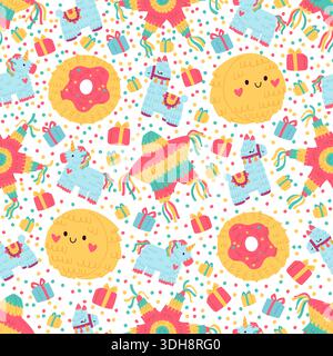 Leuchtendes, nahtloses Pinatas-Muster. Verschiedene Karnevalsspielzeuge mit Süßigkeiten und Konfetti für Geburtstagsfeiern. Mexikanische Party. Papierbehälter. Lla Stock Vektor