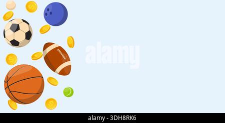 Werbebanner mit Kugeln und Goldmünzen. Posterdesign für Sportwetten. Fußball- und Rugbywettbewerb. Basketballspiel. Wetten für Buchmacher. Bowling und Stock Vektor
