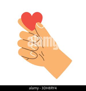 Hand, die ein Herz hält, einfaches und emotionales Konzept, das Liebe, Fürsorge, Unterstützung, Freundlichkeit, Wohltätigkeit, Beziehungen und menschliche Verbindung - Vektor il Stock Vektor