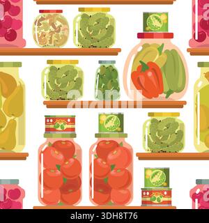 Gurken in Glasgläsern und Dosenwaren in Regalen in der Speisekammer. Konserviertes Gemüse und Obst, nahtloses Muster. Marinierte Gurken- oder Tomatentöpfe auf Sch Stock Vektor