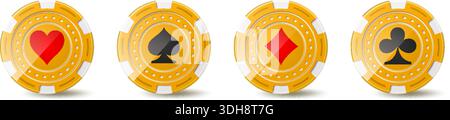 Realistische goldene Casino-Chips mit Poker-Kartenanzügen. Spielmarken. Goldene Kreise gewinnen. Blackjack-Wetten Roulette-Wette. Spielen Sie eine Runde Münze Stock Vektor