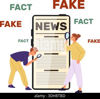 Mann und Frau studieren Nachrichten auf dem Smartphone-Bildschirm mit einer Lupe. Leute, die überprüfen, ob Informationen gefälscht oder faktisch sind. Desinformation über soziale Medien Stock Vektor