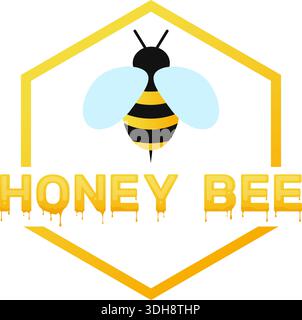 Logo mit Honigbiene im Wabenrahmen. Fliegendes Insekt. Logotyp der Bienenzucht. Sweet Tropftext Schriftart. Bienenstock-Tier. Gelbe Honigbiene mit Flügeln Stock Vektor