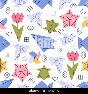 Tierfiguren aus farbigem Papier. Nahtloses Origami-Muster. Bastelspielzeug. Asiatische polygonale Papierkunst. Japanische Formen. Kreativer Taubenvogel und -Blume. Stock Vektor