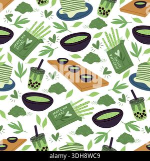 Traditionelle Speisen und Getränke aus Matcha. Grünes Tee-Muster. Süßes Dessert. Getränketasse. Wiederholter Druck. Pulver und Blätter. Tapioka Stock Vektor