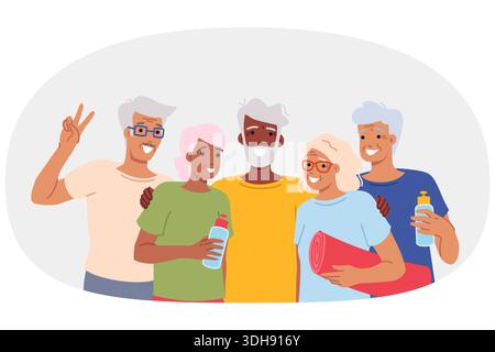 Ältere Menschen mit Sportgeräten für Fitness oder Laufen und Yoga, posieren für Gruppenporträt Stock Vektor