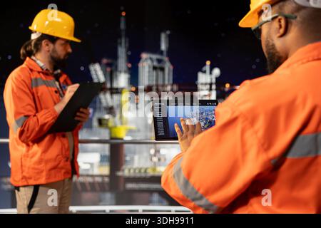 Bohrgerät-Experte analysiert die Derrick-Leistung auf dem Tablet-Dashboard-Bildschirm. Offshore-Plattformarbeiter, der Ölförderraten und Systemdruck mithilfe der Geräte-App überwacht Stockfoto
