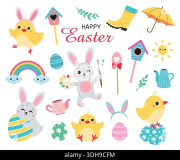 Süßes Osterset. Küken, Kaninchen und Federelemente isoliert auf weißem Hintergrund. Handgezeichnet. Vektorabbildung. Stock Vektor