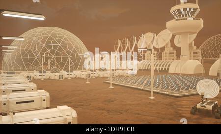 Die Kommandozentrale der Mars-Kolonie wird für das Terraforming-Projekt mit Atmosphärenprozessoren verwendet. Biodome schafft eine atmungsaktive Umgebung für feindliche Bewohner der Wüstenwelt während der Kolonisierung Stockfoto