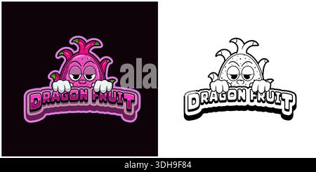 Dragon Fruit Comic Logo mit Text und hohem Ausdruck. Farbenfrohes und schwarzweißes Design. Stock Vektor