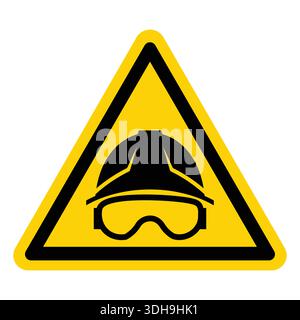 Symbol mit gelbem Warndreieck mit schwarzem Schutzhelm und Schutzbrille, das die Bedeutung von Schutzausrüstung im Bauwesen unterstreicht Stock Vektor