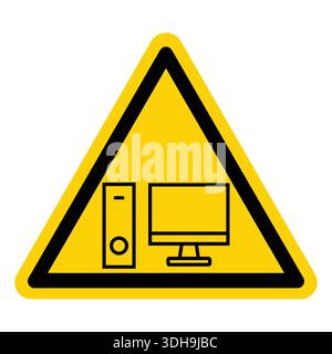 Ein hellgelbes Warnschild mit einem dreieckigen Computersymbol, das Sicherheit und Wachsamkeit in technologiebasierten Umgebungen unterstreicht. Leistung Stock Vektor