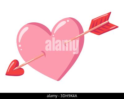 Niedliches rosafarbenes Herz mit rotem Pfeil und Herzspitze. Romantisches Symbol. Vektor isolierte Zeichentrickillustration auf weißem Hintergrund Stock Vektor