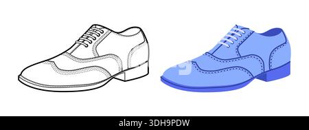 Brogue Herren flacher Plus Line Schuh Set. Schuhe aus perforiertem Leder mit klassischem Flügelspitzendetail, eleganter, legerer Bürostil. Technische Illustration CAD-Modell Skizzenvektor isolierter weißer Hintergrund. Stock Vektor