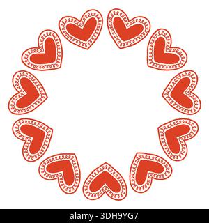 Skurrile Vektor-Illustration eines kreisförmigen Rahmens aus dekorativen Volksherzen. Niedliches handgezeichnetes Doodle-Design in Rot und weiß, perfekt für Stock Vektor