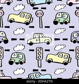 Nahtloses Muster mit handgezeichneten Autos und Ampeln. Vektorabbildung. Stock Vektor