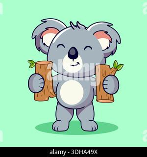 Glücklicher Cartoon Koala Holding Holz Logs Vektor Illustration Cartoon Design Stock Vektor
