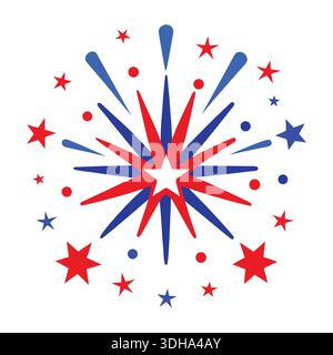 Festliches rotes und blaues Starburst-Feuerwerk mit verstreuten Sternen und Punkten Stock Vektor