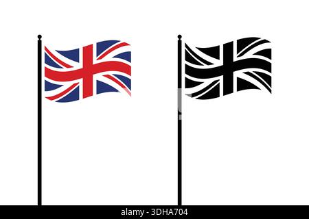 Zwei wehende britische Flaggen sind abgebildet, eine in voller Farbe und die andere als schwarze Silhouette. Diese Nationalsymbole repräsentieren das britische Patrio Stock Vektor