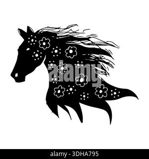 Schwarze Silhouette eines Pferdes mit Blumen auf dem Kopf Stock Vektor
