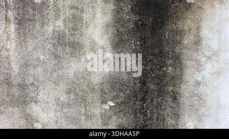 Grungy, verwitterte Betonwand mit schweren dunklen Schimmelflecken und einer rauen, strukturierten Oberfläche, perfekt für städtische oder industrielle Hintergründe. Stockfoto
