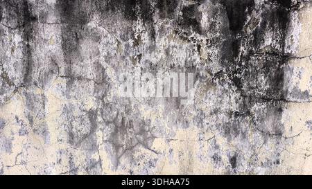 Eine Nahaufnahme einer stark verwitterten Wand mit sichtbaren Rissen, abblätternder beiger Farbe und dunklen Schimmelflecken, die eine griffige, veraltete Industrietextur erzeugen Stockfoto