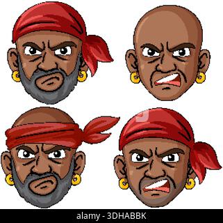Vektor-Illustration von vier wütenden Piratengesichtern, Cartoon-Stil, kräftige Linien, lebendige Farben Stock Vektor
