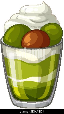 Vektor-Illustration eines mehrschichtigen Matcha-Desserts in einem Glas mit Mochi und Creme Stock Vektor