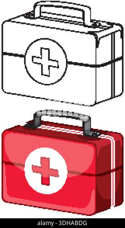 Rote medizinische Notfall-Kit-Vektor-Illustration enthält eine schwarz-weiße Linie Art Version Stock Vektor