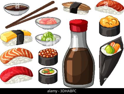 Flache Vektor-Illustration von verschiedenen Sushi-Typen, Sojasauce-Flasche, Wasabi, Ingwer und Essstäbchen Stock Vektor