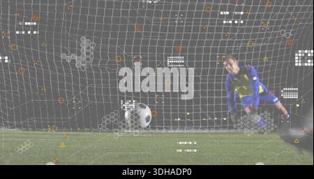 Torhüter in blauem Set, gelbes Panel mit Handschuhen, die den Ball im Netz am Tor HUD erreichen, Kopierraum Stockfoto