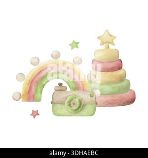 Umweltfreundliches Babyspielzeug aus Holz im Boho-Stil: Pyramide, Retro-Kamera, Regenbogen, Sterne. Die Aquarellabbildung ist handgezeichnet in warmen Pastellfarben Stockfoto
