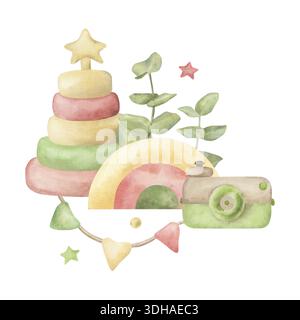 Regenbogen, Pyramide, Retro-Kamera, Eukalyptus, Flaggen, Sterne. Die Illustration mit hölzernem umweltfreundlichem Babyspielzeug ist handgezeichnet mit Aquarellen in weich Stockfoto