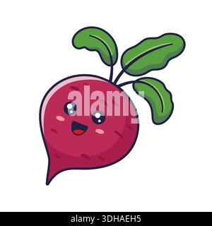 Süße Kawaii Happy Beet Root Cartoon Icon Illustration. Flaches Symbol für Lebensmittel, Gemüse, isoliert auf weißem Hintergrund. Rübenwurzel-Charakter, Maskottchen im Doodle-Stil. Vektor Stock Vektor