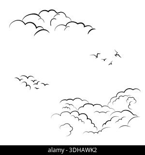 Sammlung von flauschigen Wolken in verschiedenen Formen und Silhouetten von Vögeln, schwarz-weiße Skizze. Buschige Bergwolken, isoliert auf weißem Hintergrund. Stock Vektor