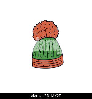 Handgezeichnete Strickmütze aus rotem Bommel mit Doodle. Zeilenart Wollmütze Zeichnung Stock Vektor
