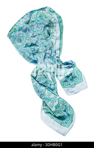Gebundenes hellblaues Paisley-Kopftuch isoliert auf weißem Hintergrund Stockfoto