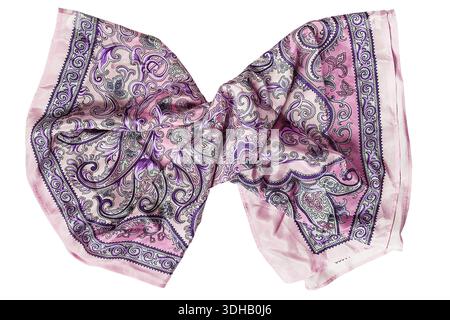 Gebundenes elegantes pastellrosa Seidentuch isoliert auf weißem Hintergrund Stockfoto