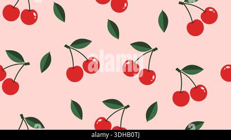 Ein bezauberndes und lebendiges nahtloses Vektormuster mit Paaren reifer roter Kirschen mit grünen Stielen und Blättern, die auf einem weichen rosa Hintergrund verstreut sind. Stock Vektor