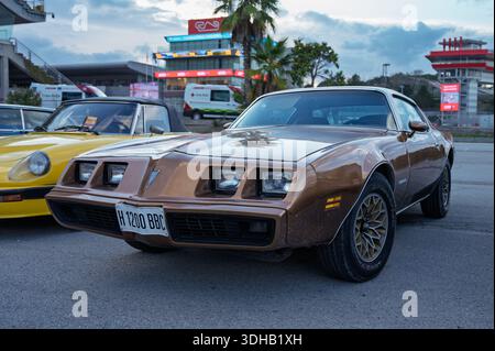 Vorderansicht eines wunderschönen goldbraunen 1979 Pontiac Firebird Trans am klassischen amerikanischen Sportwagen der zweiten Generation, der an einer Rennstrecke geparkt ist. Stockfoto