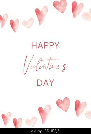 Valentinskarte in minimalem Aquarell mit schwebenden Herzen und moderner Typografie. Romantische handgezeichnete Grußansage für Weihnachtskarte, soziale Medien, Poster Stockfoto